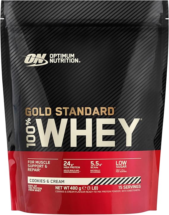 Optimum Nutrition Gold Standard 100% Whey Protein Powder, 480g | Cookies & Cream, 15 Servings, 24g Protein, BCAA, Low Sugar, Fast-Digesting Isolate, Supports Muscle Growth and Repair