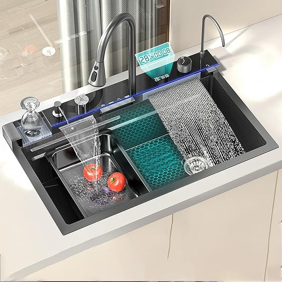 Black Stainless Steel Nanometer Waterfall Kitchen Sink Set with Pull-Out Faucet, Chopping Board, and Cup Washer - Elegant Single Bowl Design for Modern Kitchens(75 * 46cm) (68 * 46cm