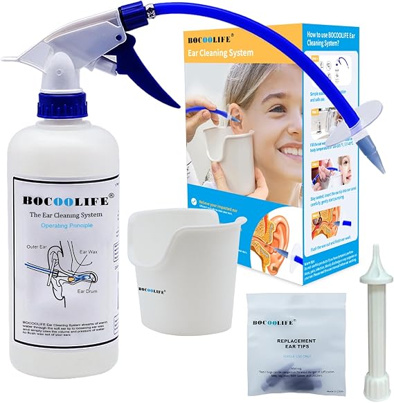 BOCOOLIFE Ear Wax Removal Kit - Safe & Effective Ear Cleaning System Cleaner with 3 Replacement Tips, Manual Flush Washer for Gentle Wax Remover, Includes Wash Basin for Easy Irrigation and Flushing