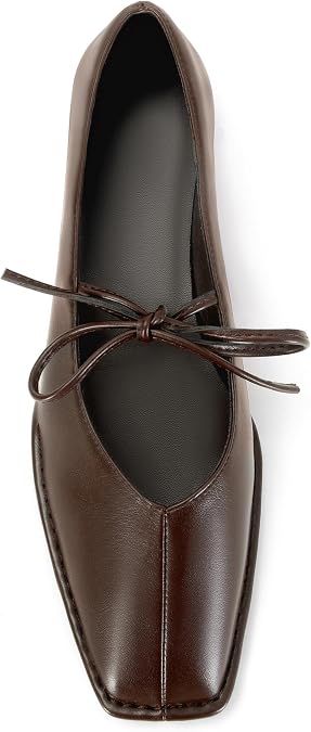 Lace Up Ballet Flats for Women Bow Square Toe Mary Jane Flats Slip On Leather Ballerina Shoes