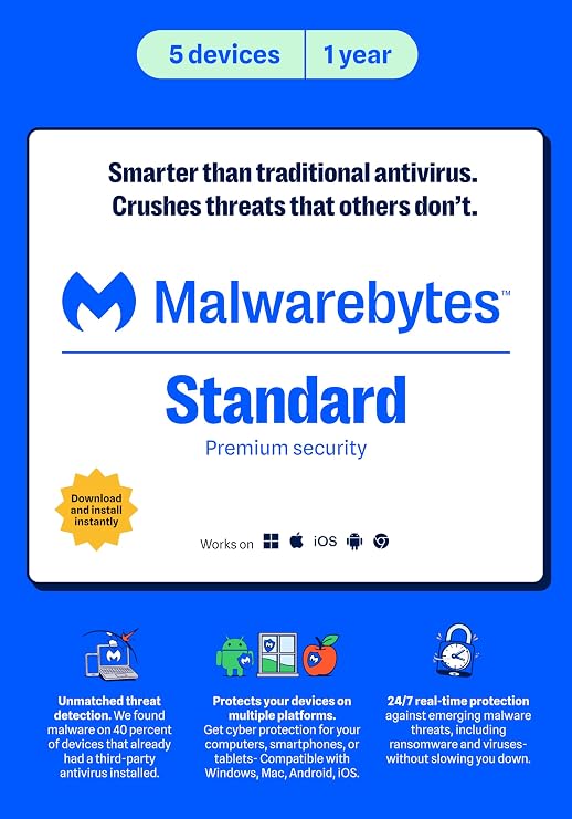 Malwarebytes Standard, Premium Software | 5 Device 1 Year (Windows, Mac OS, Android, Apple iOS, Chrome) [software_key_card]