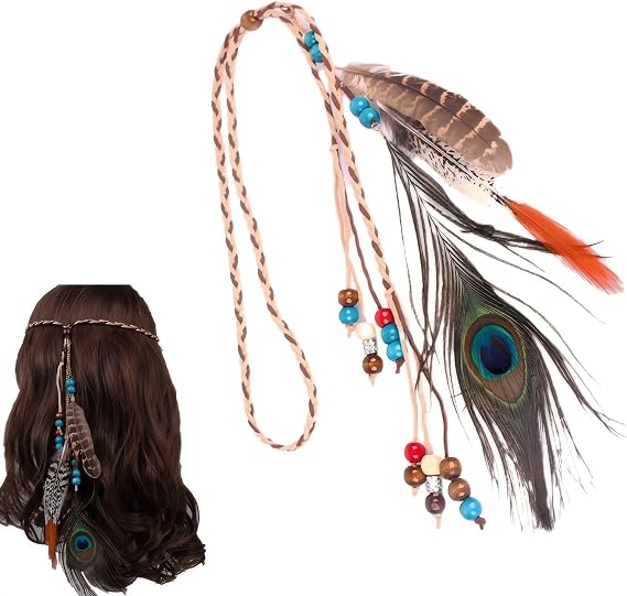 Bohemian Peacock Feather Headband with Tassels - Indian Ethnic Hippie Hair Accessory for Women, Festival Wedding Hairpiece (Natural Feathers, Handmade Design)