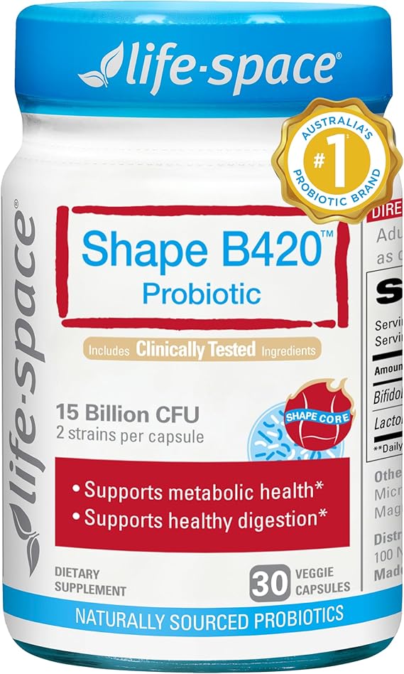 Life-Space Shape B420 Probiotics for Shape Better, GLP-1 Boost, Clinically Backed Metabolism Support, Prebiotic + Probiotics for Women and Men, 30 Vegetarian Capsules