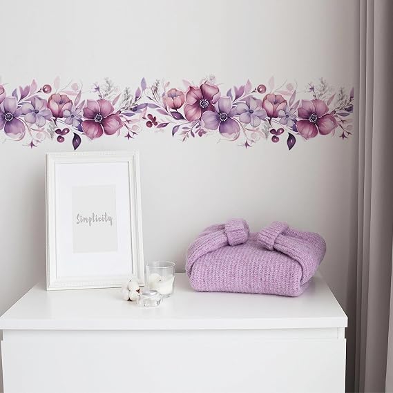 Romantic Purple-Pink Flower Vine Wall Stickers Floral Wall Decals | Art Botanical Peony Rose Daisy Removable Vinyl Peel and Stick for Living Room Bedroom Bathroom Kitchen Home Decor
