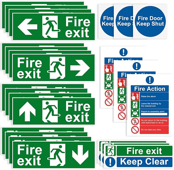 25 Pcs Premium Fire Exit Sign Kit (Right, Left, Up, Down Arrow),Fire Safety Sticker,Fire Signage,Fire Action Notice Sign, Keep Clear, Door Keep Shut