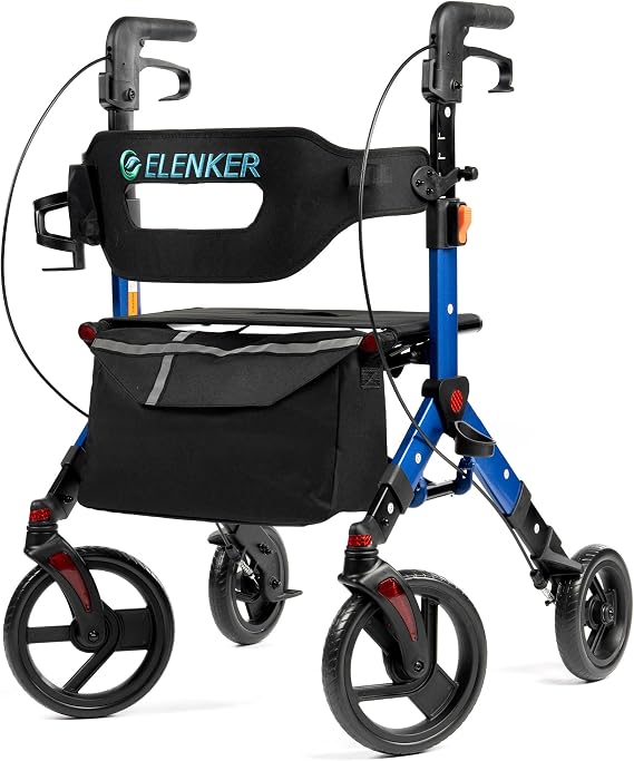 ELENKER All-Terrain Rollator Walker with Seat, Outdoor Rolling Walker for Seniors, 10 Non-Pneumatic Tire Front Wheels, Compact Folding Design, Blue