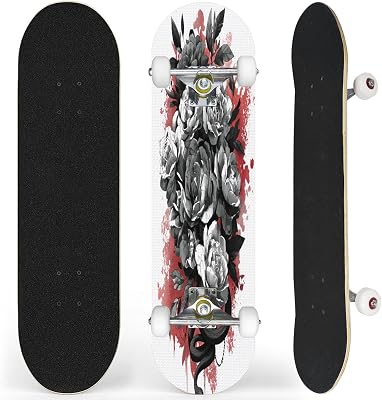 Complete Skateboard with Ethereal Black White Tattoo Style Serpents Roses Beginner Skateboard 7-Layer Maple Wood Double Kick Concave Skateboards for Kids, Adults, Teens 31 x 8