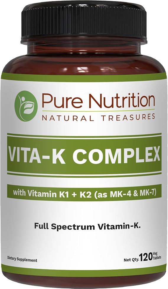 Pure Nutrition Vitamin K Complex K1 + K2 | 2250 mcg | 120 Tab | Full Spectrum K Vitamin Supplement with K1 1000mcg, K2 as MK4 1000mcg + Vitamin K as MK7 250 mcg | Non GMO | Gluten Free
