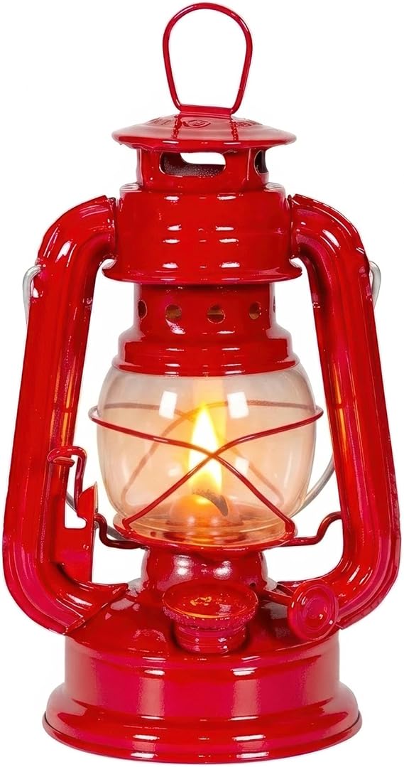 Stansport Hurricane Lantern Classic Metal Kerosene Oil Lamp with Glass Globe and Adjustable Wick Portable Emergency Lighting & Decorative Indoor/Outdoor Camping Lantern, Red
