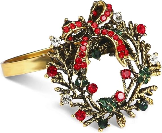 Set of 6 Christmas Wreath Napkin Rings Set- Metal Xmas Napkin Ring Holders for Cloth Napkins, Christmas Holiday Party Dinner Table Decoration