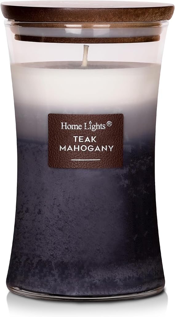 HomeLights 3-Layer Candles for Home Scented, 21.52 OZ Natural Soy Wax Scented Candles Burns Up to 100 Hours, Large Jar, Teak Mahogany
