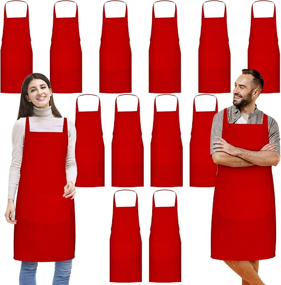 Jeffbaubl 12 Pack Bib Apron,Aprons Bulk,Unisex Plain Aprons with 2 Pockets,Blank Apron with Long Ties for Adults,23.6x27.6In