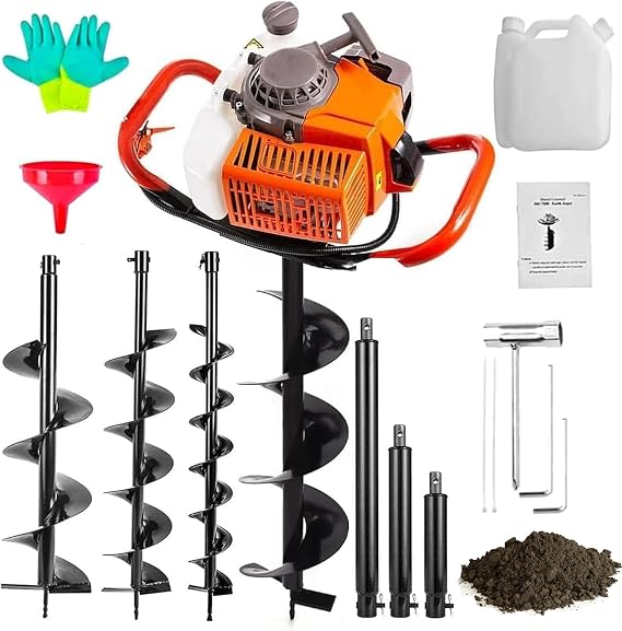 Gas Powered 72CC Post Hole Digger for Fence and Planting with 3 Auger Drill Bits (4" 6" & 8") + 3 Extension Rods(8" 12" & 20"), for Farm Garden Plant Earth Auger Drill Bits.