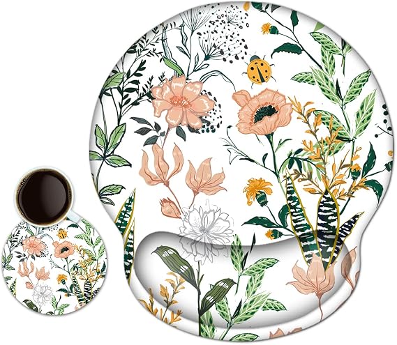 DINKY Ergonomic Mouse Pads, Cute Mouse Pad with Wrist Rest Support Gel, Non-Slip PU Base Mouse Mat with Memory Foam for Home, Office and Gaming, Easy Typing & Pain Relief (Beautiful Floral)