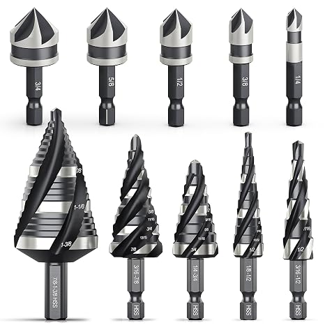 THINKWORK 10Pcs Step Drill Bit & Countersink Set, HSS Four Spiral Flute
