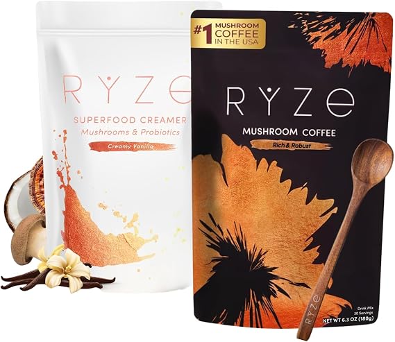 RYZE Dark Roast & Probiotic Creamer Bundle, Mushroom Coffee, 30 Servings