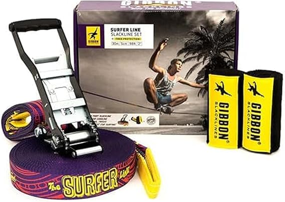 GIBBON SurferLine Slackline with TreeWear - Waterline & Trickline | 98ft Slack Line - 90ft x 2 Line & 8ft Ratchet Strap with Reinforced Loop