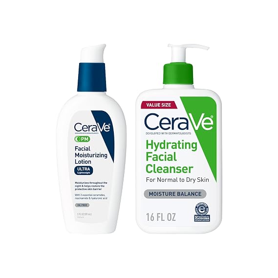 CeraVe PM Facial Moisturizing Lotion, 3oz+ Hydrating Facial Cleanser, 16oz