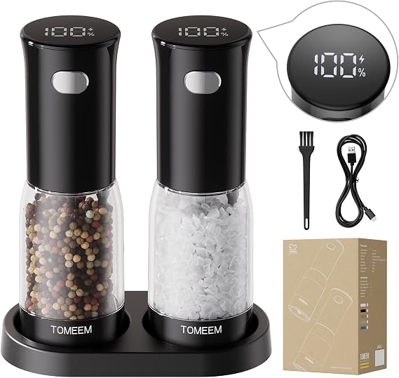 TOMEEM Electric Salt and Pepper Grinder Set Rechargeable with LED Power Indicator, 5-Level Adjustable Grinding, LED Light, 4.5oz Large Capacity Salt and Pepper Shakers with Storage Base