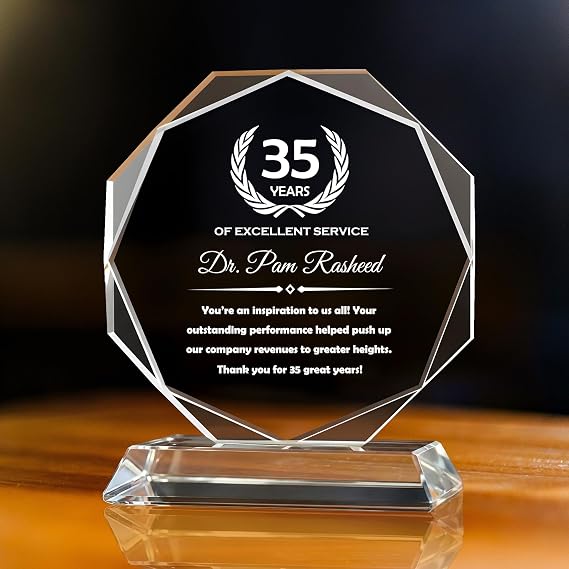 Personalized 6" Octagonal Glass Award Trophy with Engraving and Color Fill | Custom Engraved with Name, LOGO and Appreciation Message, Faceted Design, Clear Crystal, Recognition Award, Glass Base