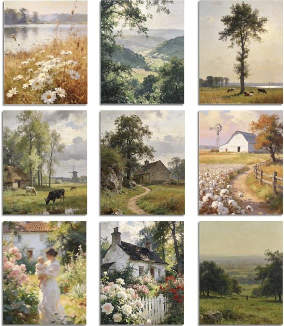 TNKBREEZE 9Pcs Retro Landscape Wall Art Rural Fields Unframed Canvas Prints Poster Decor Artwork Aesthetic Paintings for Back to School Living Room Kitchen Bedroom Bathroom Home Dorm Decoration 8x10In