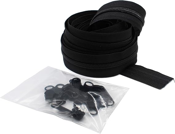 YKK #5 CN Zipper Coil Chain. Each Yard  with 2 Sliders. (Black, 5 Yards, 10 Black Sliders)