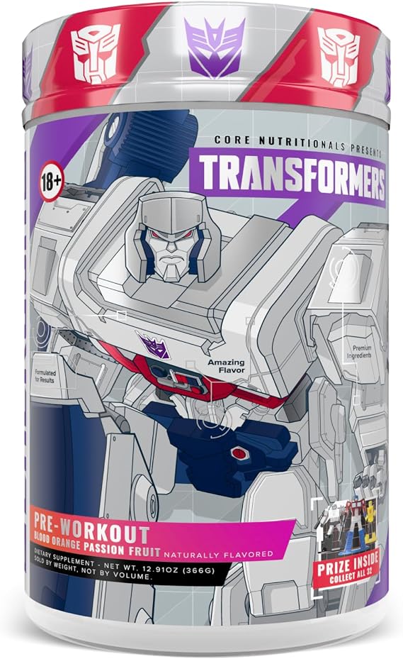 Core Nutritionals Transformers Energon Pre Workout, Blood Orange Passion | 20 Servings, Clean Energy Support, Mental Focus Support, 300mg Paraxanthine, Pre Workout Formula, No Crash Energy Support
