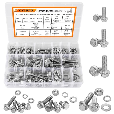 Flange Nut and Bolt Sets M6 M8 M10, CYLBAQ Flanged Hex Bolts and Nuts Set | 232PCS 304 Stainless Steel Hexagon Head Screws With Flat & Lock Washers Assortment Kit, Metric M6-1.0 M8-1.25 M10-1.5