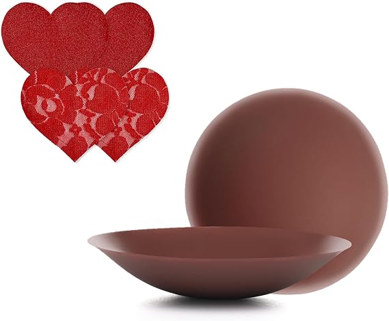 Nippies Adhesive Nipple Covers + Fabric Pasties Set - 1 Pair of Reusable Silicone Covers Hazelnut Size 2 + 2 Pairs of Red Heart-Shaped Fabric Pasties, Discreet, Skin-Friendly, Chic Travel Box Included