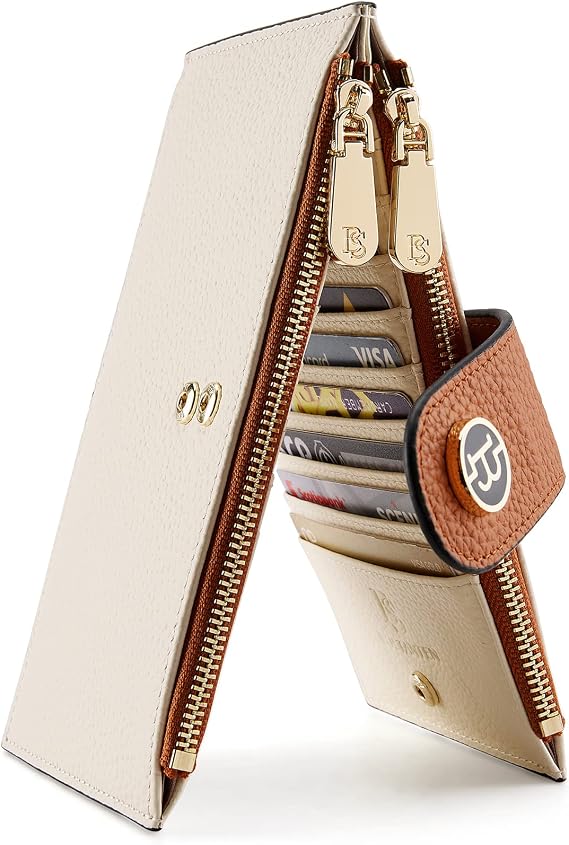 BOSTANTEN Leather Womens Wallet Large RFID Blocking Slim Card Holder | 16 Card Slots, 2 Zipper Pockets, Bifold, Long, Fits Most Purses, Organized Everyday Carry, Ladies Gifts, Beige Brown