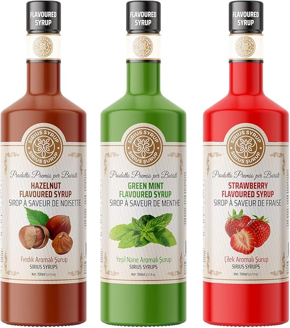 Sirius Premium Çilek, Fındık, Nane Aromalı Şurup 3'lü Set (3 x 700 ML) - Cam Şişe