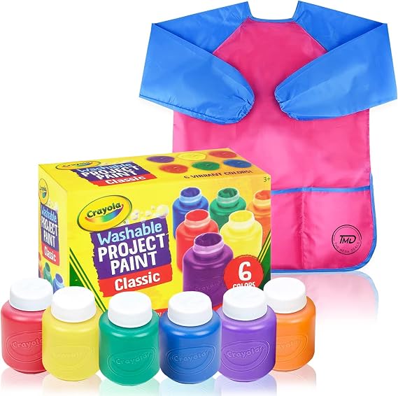 Kids Painting Set, Washable Paint for Kids 6 Colors, Painting Smock, Non Toxic Tempera Paint 2 oz Each, Paints for Toddlers Art, Craft, Home Finger Paints Projects Gifting Bundle
