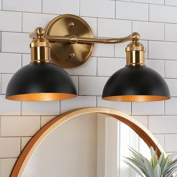 Durent Lighting Modern Farmhouse Bathroom Light Fixtures, Black & Brushed Gold Vanity Lights Over Mirror, 2 Light Vanity Lighting with Black Mtetal Shade for Bathroom, 14.5" L x 8" W x 8.5" H