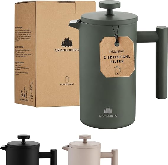 Groenenberg French Press Forest (Green) 600 ml or 1 Litre I High-Quality Coffee Press with Thermal Warming Function I Stainless Steel Coffee Maker
