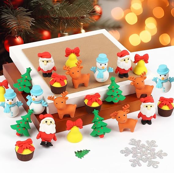 CCINEE 30Pcs Christmas 3D Erasers Bulk, Detachable and Assemblable Holiday Santa Reindeer Snowman Puzzle Erasers for Classroom Rewards Christmas Stocking Stuffers