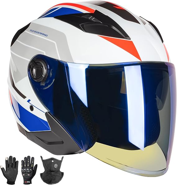 Adult Open Face 3/4 Motorcycle Helmets for Men Women | Included Gloves Mask, Dual Visor, ABS Shell, Washable Inner Liner, Quick Release Buckle, for Ebike Street Bike Cruiser Moped