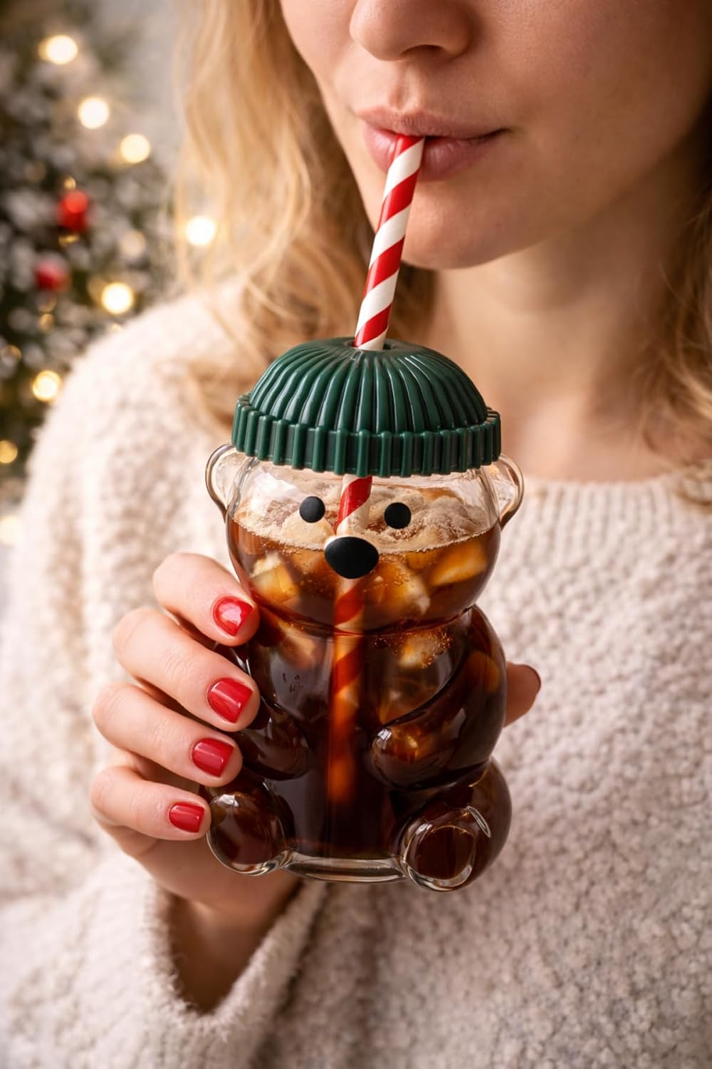 Ayı Formlu Cam Matara - Yeşil Bereli Barista Bardak İçecek Bardağı 500 ml