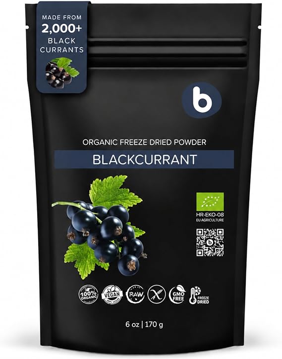 Organic Black Currant Powder from Freeze Dried Black Currants, High in Anthocyanins & Vitamins, for Smoothies, Baking and Flavoring, 170g