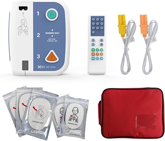 AED Trainer, Defibrillator Trainer Set CPR Training Device with Remote Control, English and Spanish Voice Prompts, 10 Different Scenarios, First Aid Defibrillator Trainee Beginner (XFT 120C+)