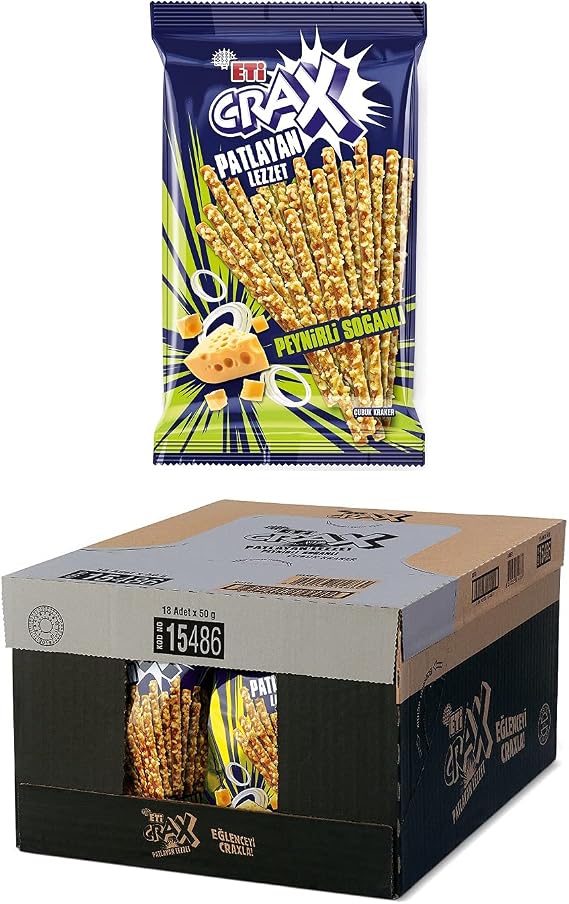 Eti Crax Patlayan Lezzet Peynirli Soğanlı Çubuk Kraker 50 g x 18 Adet