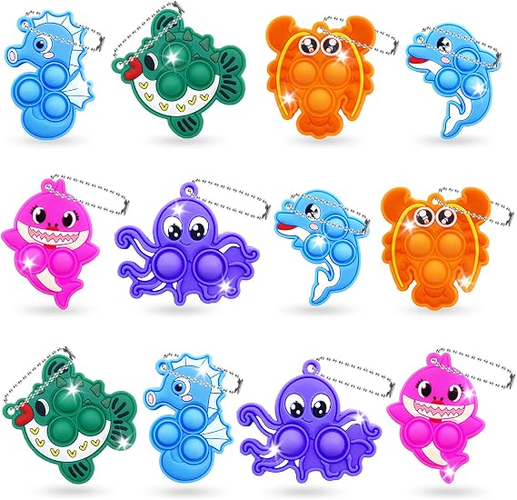 Yeefunjoy 12Pcs Pop Keyring It Fidget Toy, Marine Animal Mini Pop Keychain Bubble Sensory Toy Stress Relief Keyrings for Kids Party Favors Bag Fillers, Keychain for Girls Boys Class Prize Kids Adults