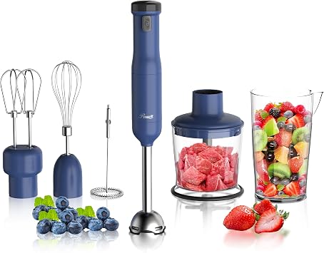 Rosewill 6-in-1 Multi-Speed Cordless Rechargeable Immersion Hand Blender, Heavy Duty Motor - Stick Blender, Beaker, Whisk, Chopper, Dual Beater, Milk Frother - For Smoothies, Baby Food, Soup - Blue