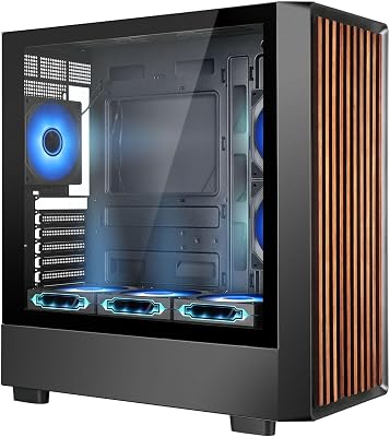 Mid Tower Gaming PC Case Dual Chamber Tempered Glass Side Panel - Walnut Wood Front - Six 120mm ARGB PWM Fans Included - Meshify High Airflow 360MM RAD Support for ATXmATXITX Motherboards Black