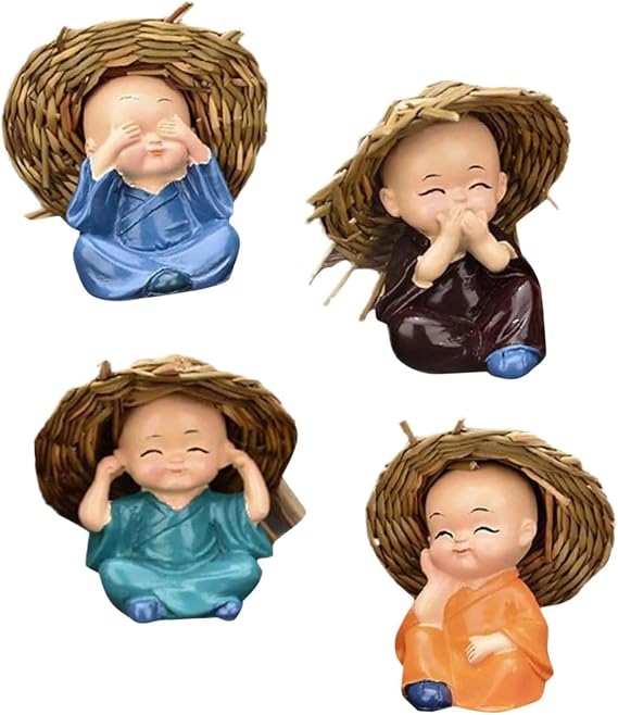 Baby Buddha Statue,4Pcs Resin Mini Brazil Lucky Wood with Straw Hat,Cute Monk Buddha Decor for Potted Plants, Car Dashboard, Home, Office, Table, Large, 4pcs/Set