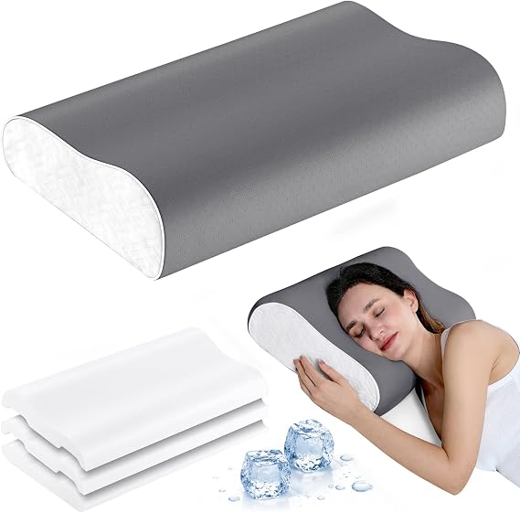 Elviros Memory Foam Cervical Pillow, Neck Support, 4 Adjustable Heights | Ergonomic Sandwich Pillow for Side/ Back/ Stomach Sleepers, with Breathable Cooling Pillowcase, Grey