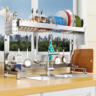 MINGLING Over Sink Dish Drying Rack Kitchen Dish Rack Over Sink Height & Width Adjustable Large Over Sink Dish Drainer Rack Full Stainless Steel 1-Tier Low: L21.5-37 H18.5-22 Silver