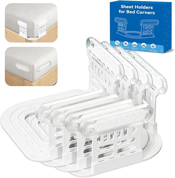 Bed Sheet Holders for Corners, Upgraded Dual-Side Lock Design Sheet Grippers, 4Pcs Heavy Duty Non-Slip Fitted Sheet Clips, Keep Sheets Firm & Tight, Universal Fit for All Mattresses, Easy Installation