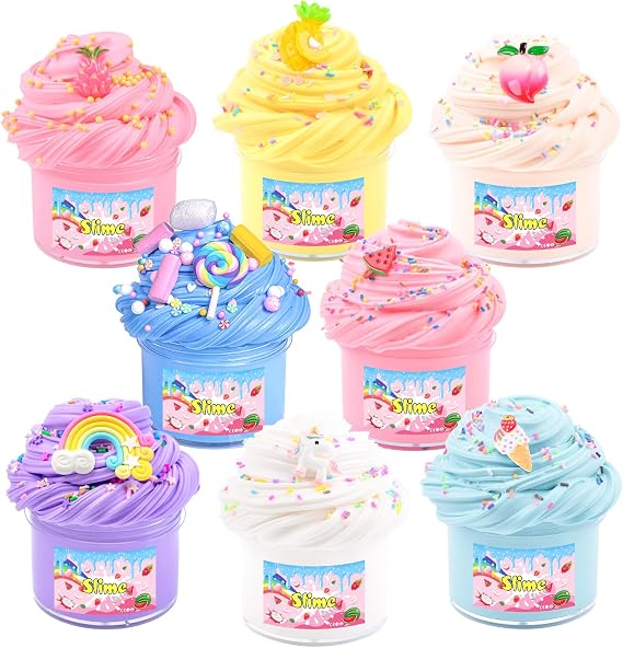 8 Pack Butter Slime Kit for Kids, Fluffy Scented Butter Slime Party Favors with Peach, Unicorn, Rainbow Charms, Birthday Gifts for Girl Boys, Stretchy Non-Sticky, Super Soft DIY Stress Relief Toy