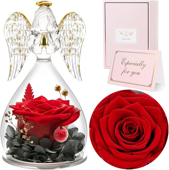 Sunia Gifts for Mom Birthday Gifts for Women, Preserved Real Roses in Glass Angel Figurine, Eternal Forever Flowers for Delivery Prime, Fresh Flower Presents for Mothers Grandma Wife Daughter Sister