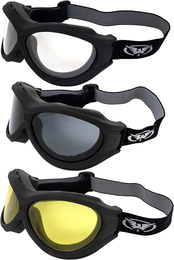 Global Vision Big Ben Over The Glasses (OTG) Motorcycle ATV Dirt Bike Goggles Clear Smoke Yellow Day Night 3-Pack